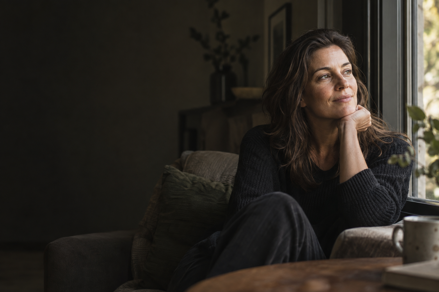 A woman taking a quiet moment by a window at home